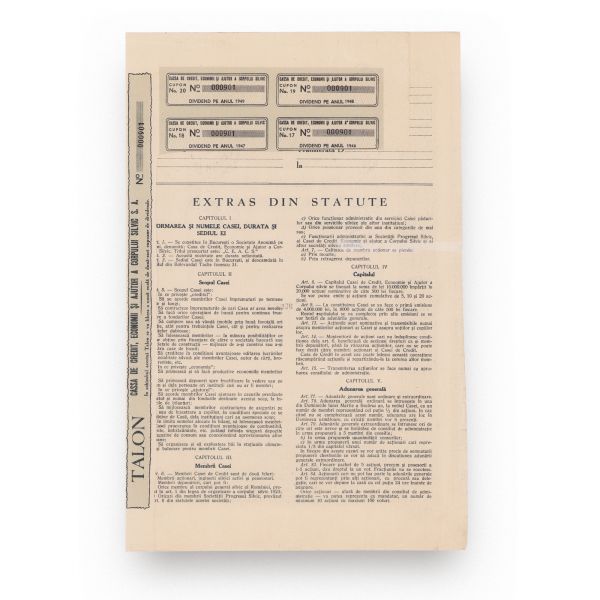 „Cassa de Credite, Economii și Ajutor a Corpului Silvic”, acțiune în valoare de 500 lei, 1931 