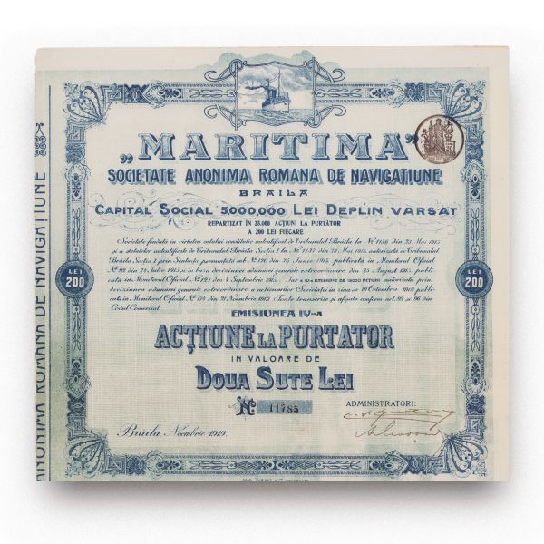 Societatea Anonimă „Maritima”, acțiune la purtător în valoare de 200 lei, 1919