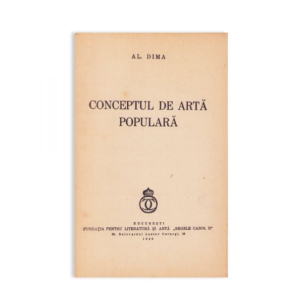 Al. Dima, Conceptul de artă populară, 1939, cu dedicație pentru Dumitru D. Roșca
