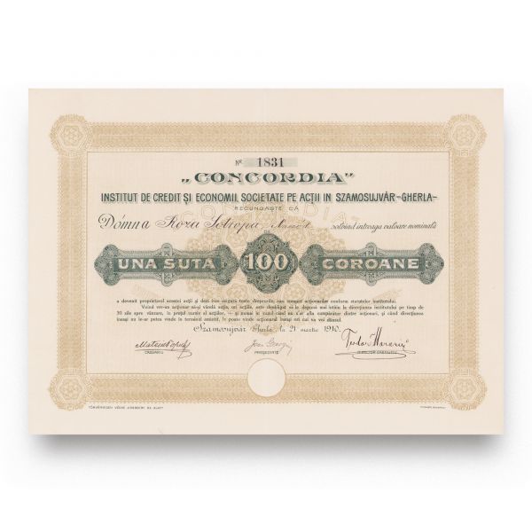 Institutul de Credit și Economii „Concordia”, acțiune în valoare de 100 coroane, 1910