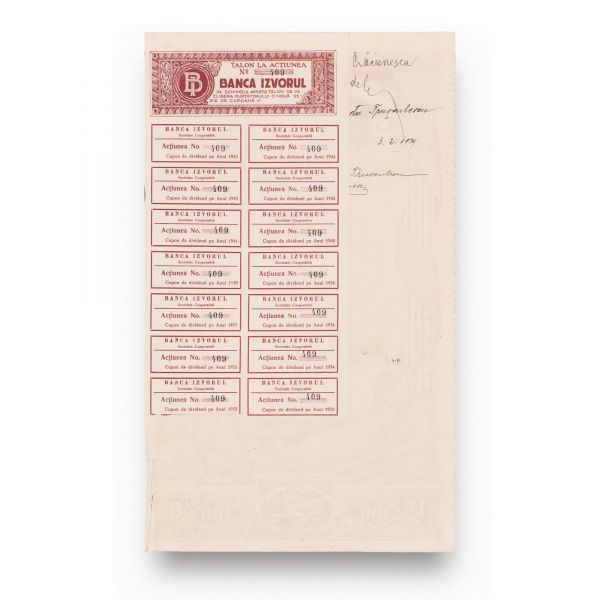 Banca Izvorul, acțiune în valoare de 100 lei, 1925