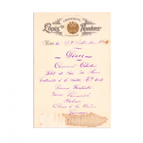 Meniu cu reclama Champagne Louis Roederer, cu numeroase semnături, 1906