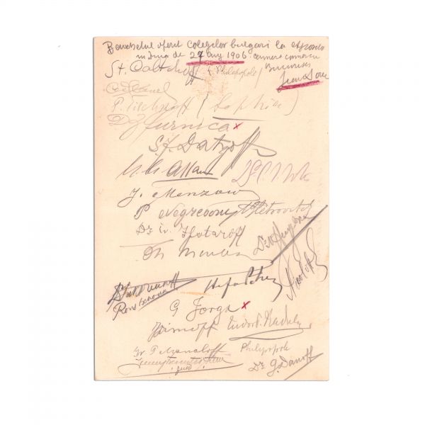 Meniu cu reclama Champagne Louis Roederer, cu numeroase semnături, 1906