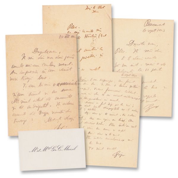 Grigore Moisil, carte de vizită + 4 cărți poștale pentru soția sa, Viorica Moisil