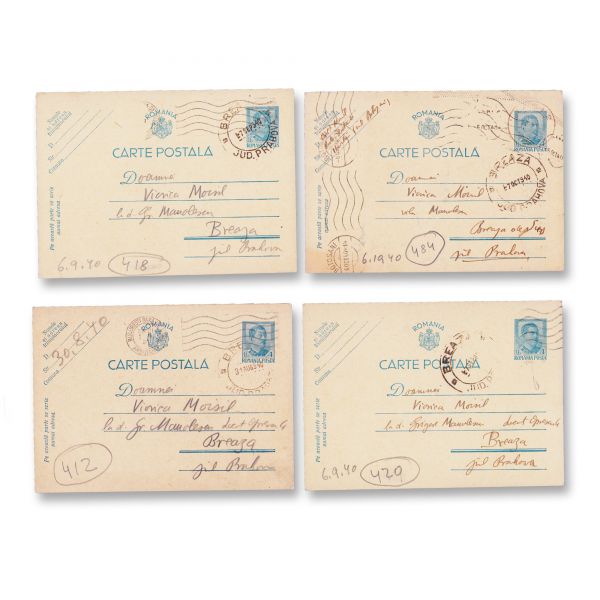 Grigore Moisil, carte de vizită + 4 cărți poștale pentru soția sa, Viorica Moisil