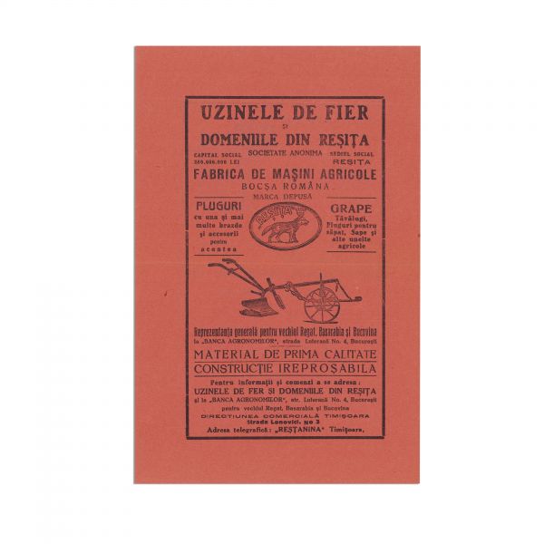 Uzinele de fier și domeniile din Reșița. Fabrica de mașini agricole, două reclame