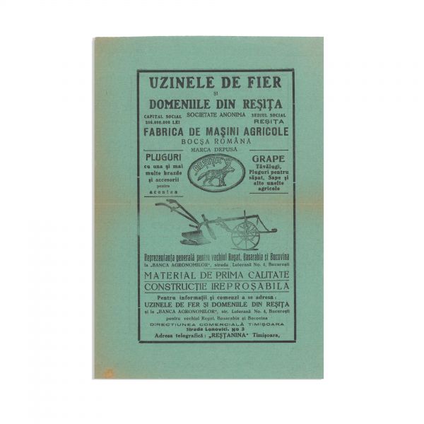 Uzinele de fier și domeniile din Reșița. Fabrica de mașini agricole, două reclame