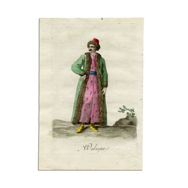 Femeie și bărbat din Valahia, două gravuri colorate manual 