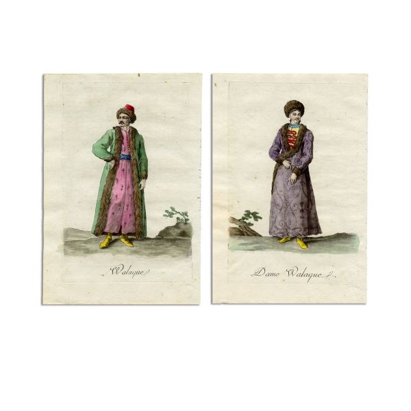 Femeie și bărbat din Valahia, două gravuri colorate manual 