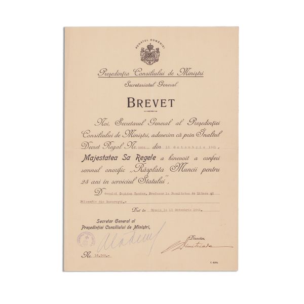 Theodor Capidan, semnul onorific „Răsplata Muncii pentru 25 ani în serviciul Statului” + brevet, 13 octombrie 1941