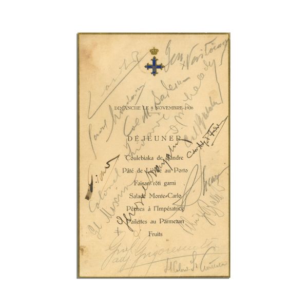 Meniul mesei festive din 8 noiembrie 1936, cu semnătura regelui Carol al II-lea