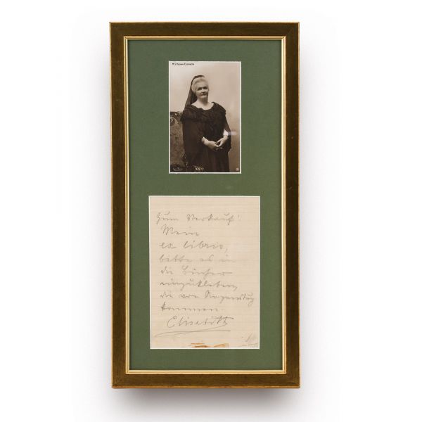 Regina Elisabeta a României, fotografie de epocă + bilet cu amplă însemnare olografă