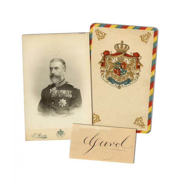Regele Carol I, fotografie, semnătură și carte poștală cu stema mare a Regatului României
