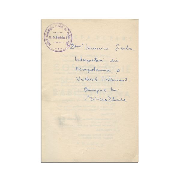 Mircea Eliade, Cosmologie și alchimie babiloniană, 1937, cu dedicație pentru Ieronim Șerbu
