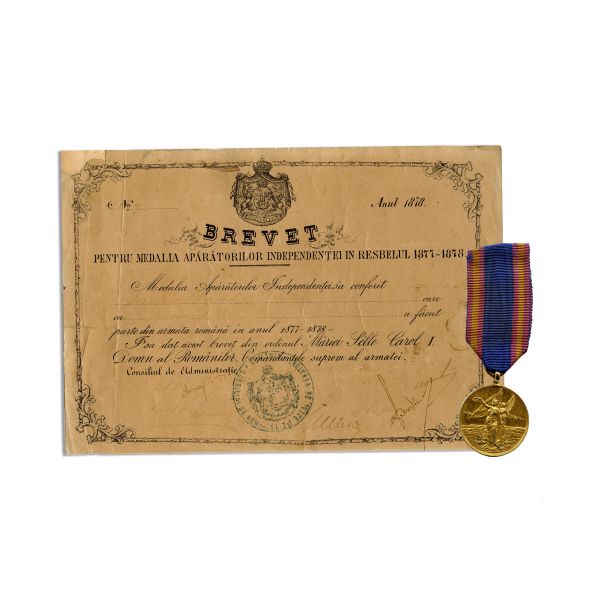 Seinfeld David, medalia „Apărătorilor Independenței” + brevet, 1878 