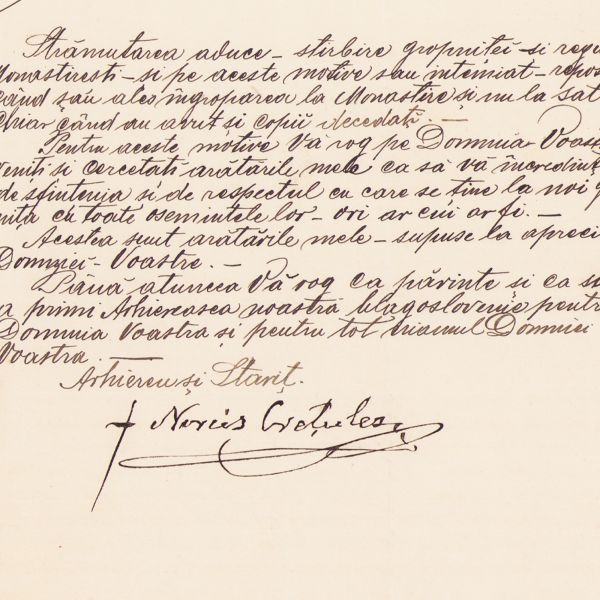 Sfânta Mănăstire Neamțu-Secul, scrisoare adresată lui Ioan B. Cantacuzino privind strămutarea osemintelor logofătului Nicolae și Pulcheria Cantacuzino, 1908