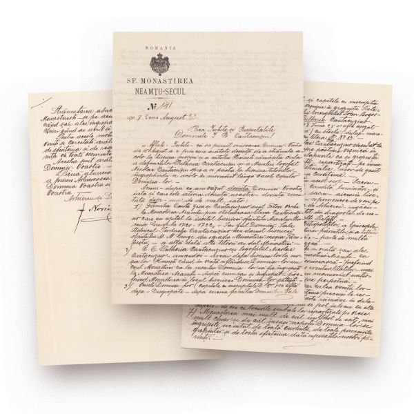 Sfânta Mănăstire Neamțu-Secul, scrisoare adresată lui Ioan B. Cantacuzino privind strămutarea osemintelor logofătului Nicolae și Pulcheria Cantacuzino, 1908