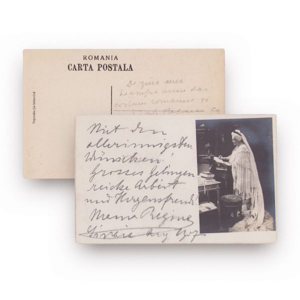 Regina Elisabeta a României, fotografie tip carte poștală cu amplă însemnare olografă, 1907 