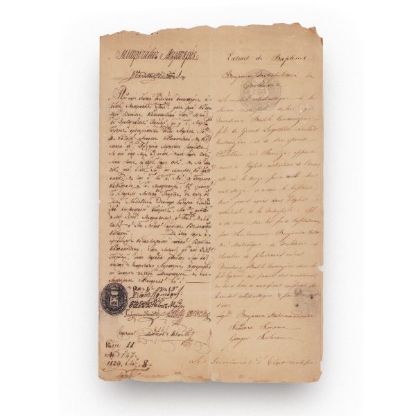 Act original de confirmare a botezului, în română și franceză, pe numele lui Vasile Cantacuzino, fiul lui Nicolae Cantacuzino vel logofăt și al Pulcheriei născută Sturdza, emis de Dicasteria Mitropoliei Moldovei la 8 martie 1839