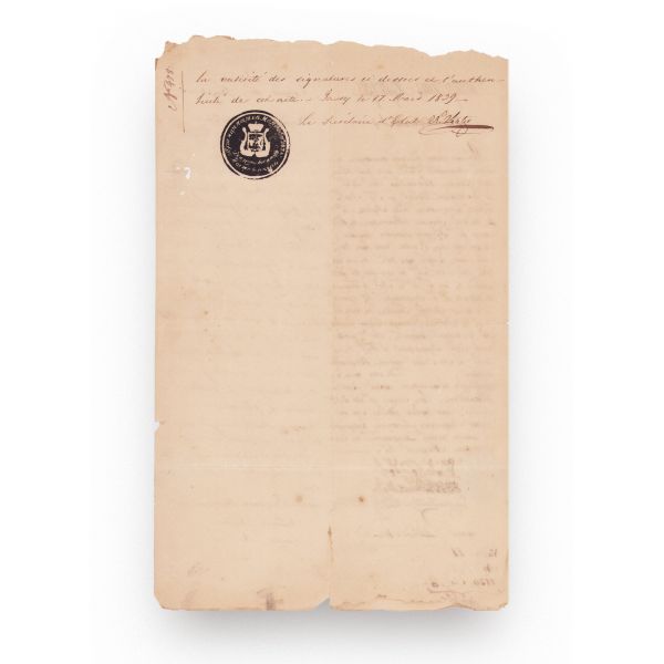 Act original de confirmare a botezului, în română și franceză, pe numele lui Vasile Cantacuzino, fiul lui Nicolae Cantacuzino vel logofăt și al Pulcheriei născută Sturdza, emis de Dicasteria Mitropoliei Moldovei la 8 martie 1839