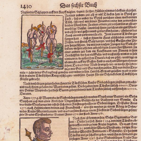 Pagină din Cosmographia lui Sebastian Münster, ediția 1628, referitoare la principatul Transilvaniei și la Vlad Țepeș (Dracula)