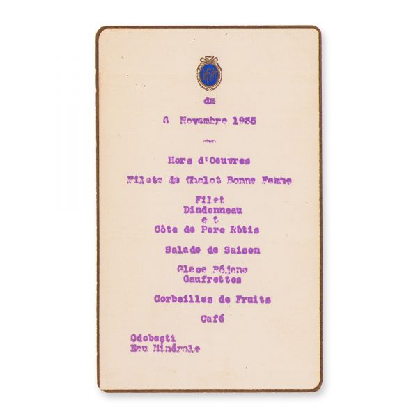 Meniu cu semnăturile lui Victor Eftimiu, Tudor Mușatescu, Sergiu Dan, Șerban Cioculescu, 6 noiembrie 1935