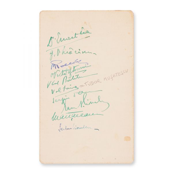 Meniu cu semnăturile lui Victor Eftimiu, Tudor Mușatescu, Sergiu Dan, Șerban Cioculescu, 6 noiembrie 1935
