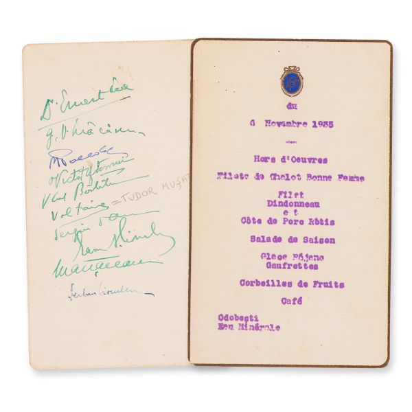 Meniu cu semnăturile lui Victor Eftimiu, Tudor Mușatescu, Sergiu Dan, Șerban Cioculescu, 6 noiembrie 1935