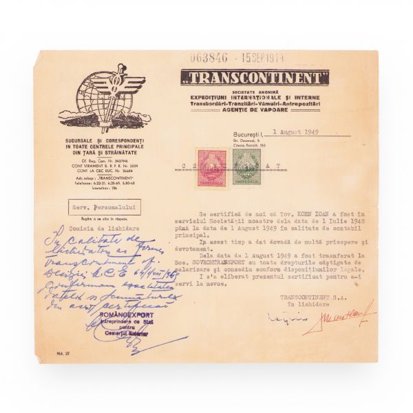 Korn Ioan, două certificate „Transcontinent” și „Hansa-Română”, 1948-1949