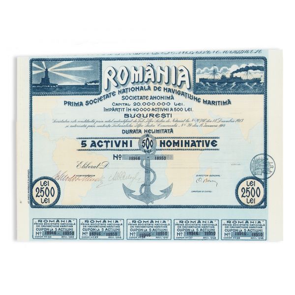 „România”, prima Societate Națională de Navigațiune Maritimă din București, titlu cu cinci acțiuni în valoare de 2500 lei