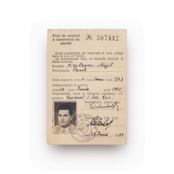 Paul Niculescu-Mizil, carnet de membru P.M.R. + fișa de control a carnetului de partid, 1954