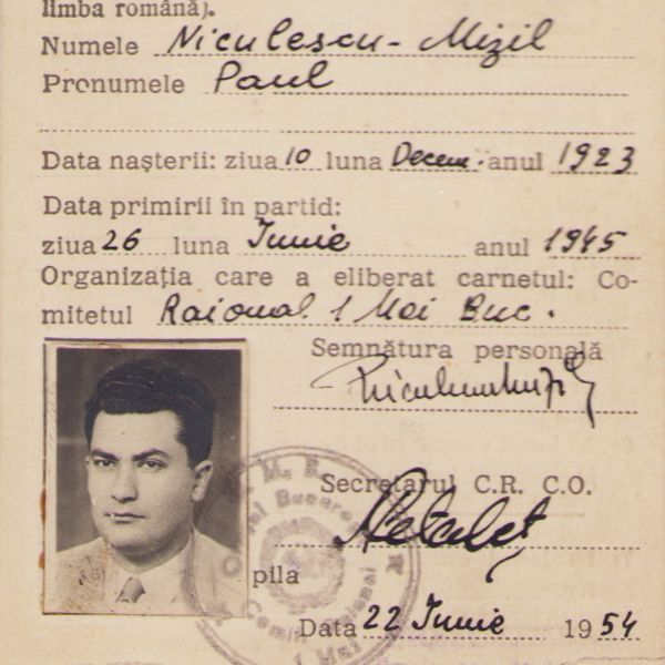Paul Niculescu-Mizil, carnet de membru P.M.R. + fișa de control a carnetului de partid, 1954