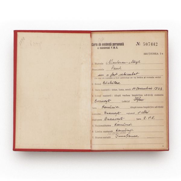 Paul Niculescu-Mizil, carnet de membru P.M.R. + fișa de control a carnetului de partid, 1954