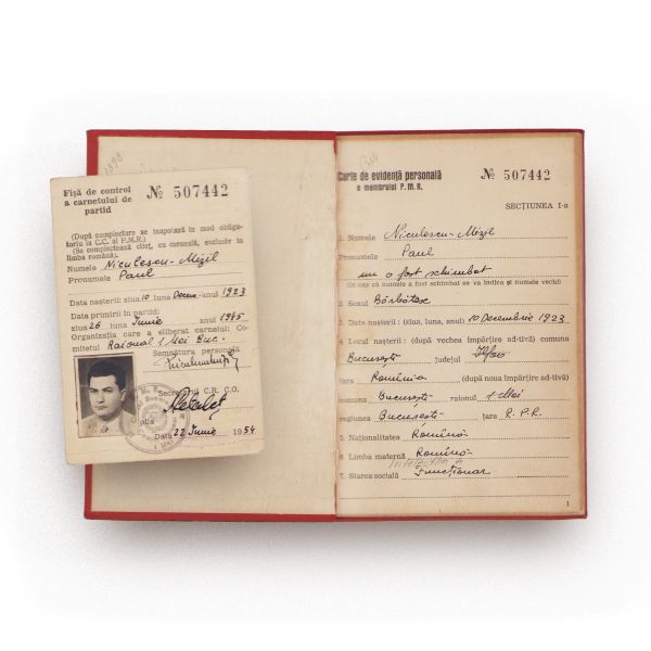 Paul Niculescu-Mizil, carnet de membru P.M.R. + fișa de control a carnetului de partid, 1954