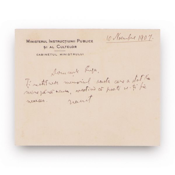 Spiru Haret, corespondență pentru George Iuga, 10 noiembrie 1907