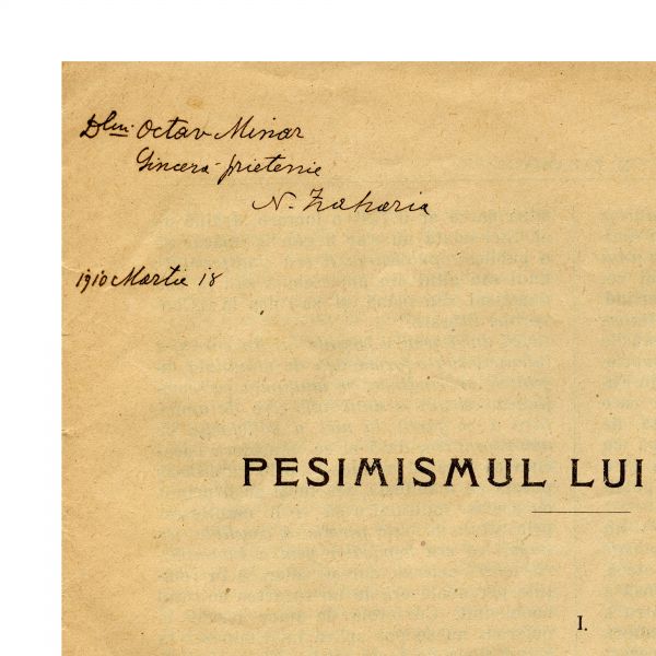 N. Zaharia, Mihail Eminescu, cu dedicația olografă a autorului către Octav Minar, 1910
