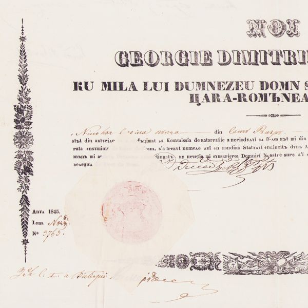Diplomă de confirmare a statutului de boier de neam, cu semnătura domnitorului Gheorghe Bibescu, 1845