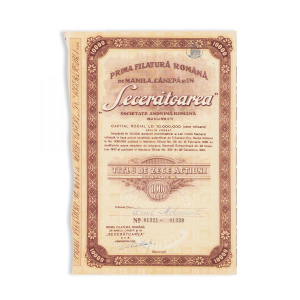 Societatea „Secerătoarea”, trei titluri în valoare de 10.000, 20.000 și 50.000 lei 
