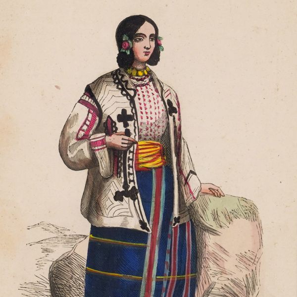 Țăran de la munte, Femeie din Valahia și Dorobanț, trei gravuri colorate manual în epocă, 1844-1847