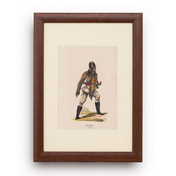 Țăran de la munte, Femeie din Valahia și Dorobanț, trei gravuri colorate manual în epocă, 1844-1847