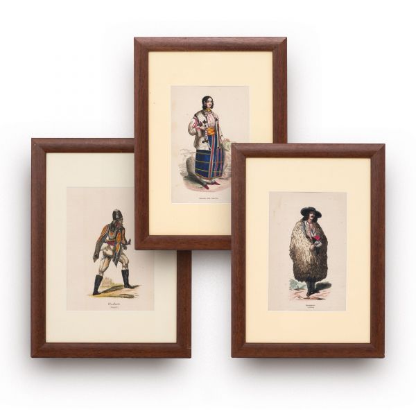Țăran de la munte, Femeie din Valahia și Dorobanț, trei gravuri colorate manual în epocă, 1844-1847