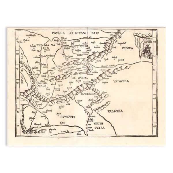 Harta modernă a Ungariei, Poloniei, Rusiei, Prusiei și Valahiei, editată de Lorenz Fries și Michael Villanovus, xilogravură, cca. 1535-1541