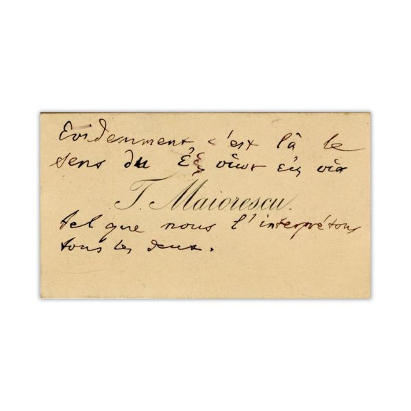 Titu Maiorescu, carte de vizită cu însemnare olografă, 1889