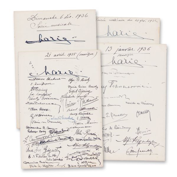 Serate muzicale, patru file cu semnăturile reginei Maria și ale participanților, 1932-1936