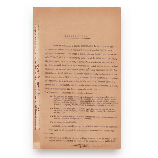 G. M. Cantacuzino și Duiliu Marcu, convenție privind construirea unui palat pentru Fundația Kretzulescu, 1935