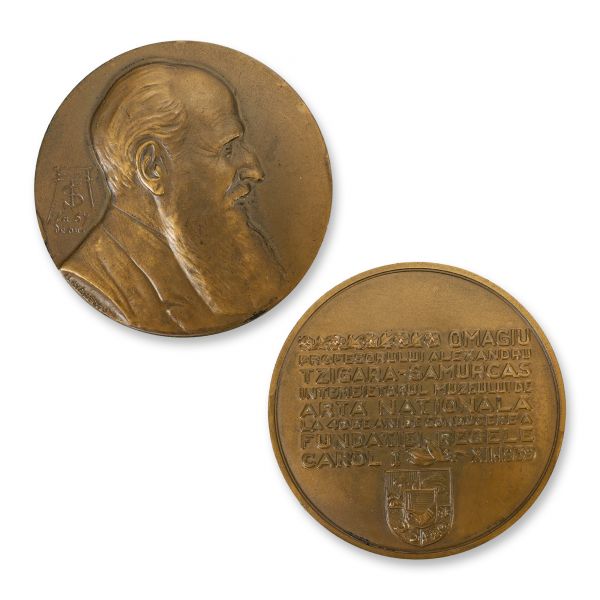Omagiu lui Alexandru Tzigara-Samurcaș, medalie din bronz, gravor G. Stănescu, 1939