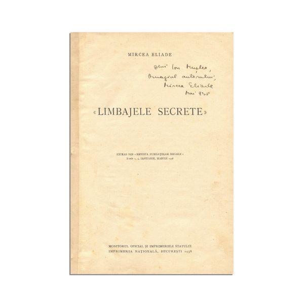 Mircea Eliade, Limbajele secrete, 1938, cu dedicația autorului - Piesă rară