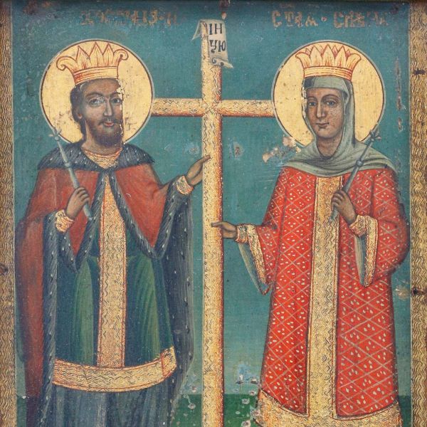 Icoană Sfinții Împărați Constantin și Elena, tempera pe lemn, finalul sec. XIX