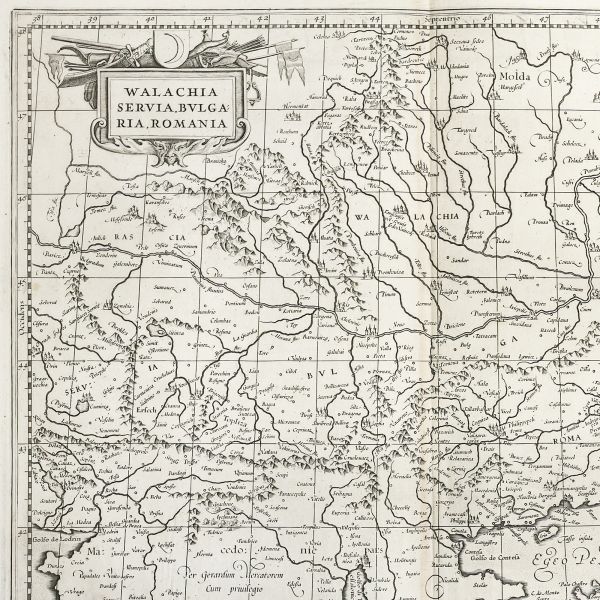 Harta Valahiei, Serbiei, Bulgariei și Rumeliei, Gerard Mercator și Willem Janszoon Blaeu, gravură în cupru, 1634