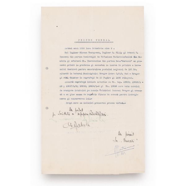 G. M. Cantacuzino, proces verbal + înștiințare + memorandum cu Societatea de Difuziune Radiotelegrafică din România, 1933